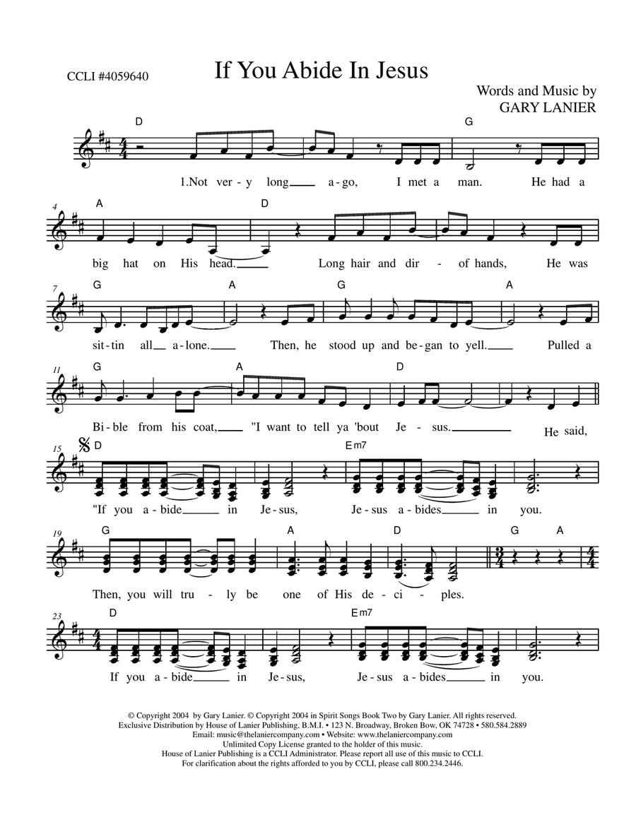 IF YOU ABIDE IN JESUS by Gary Lanier (Lead Sheet with chords and lyrics) Choir scores gallery preview page 2