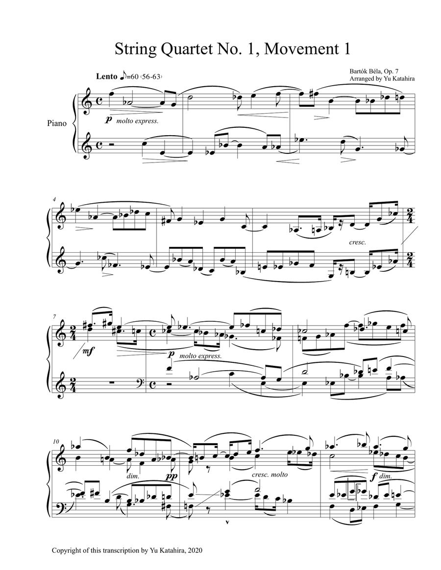 String Quartet No. 1, Movement 1 by Béla Bartók / Transcription for Piano Piano Quintet scores gallery preview page 2