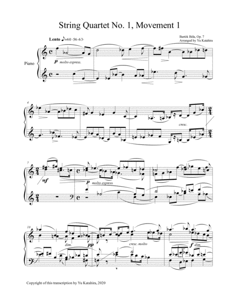 String Quartet No. 1, Movement 1 by Béla Bartók / Transcription for Piano