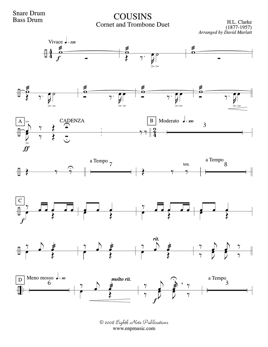 Cousins (Cornet and Trombone Duet and Concert Band): Snare Drum