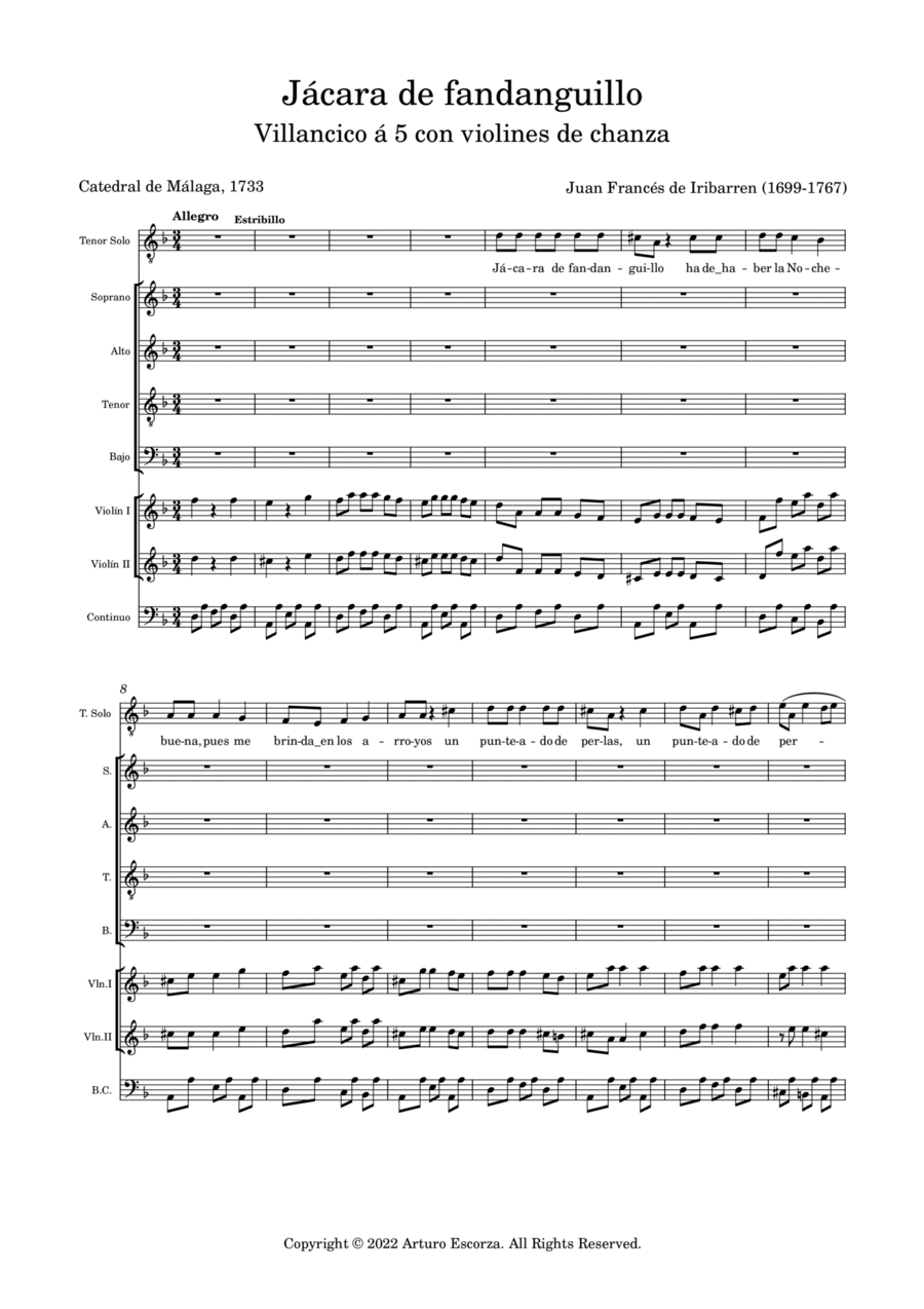 Jacara de fandanguillo - Villancico a 5 con violines de chanza - Score Only