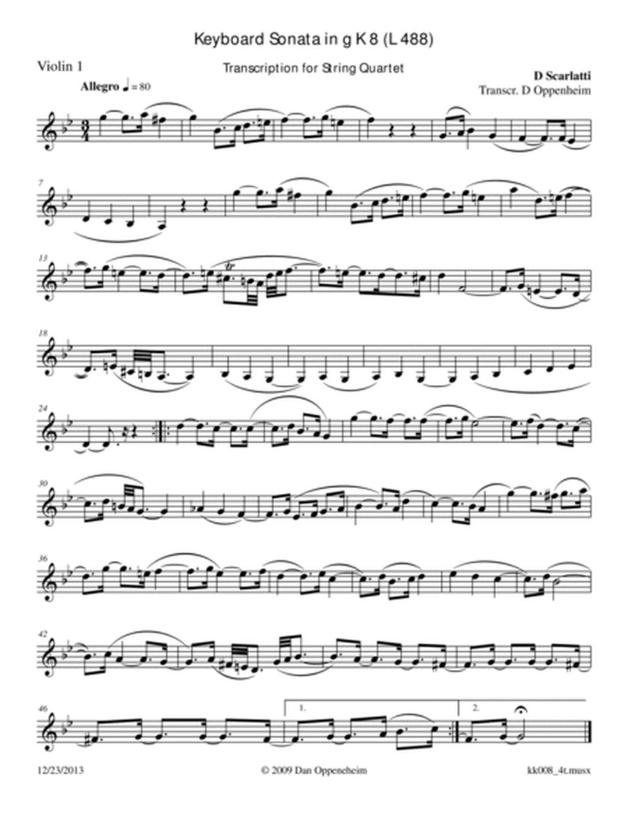Scarlatti D: Sonata in g K 8 (L 488) arr. for String Quartet image number null