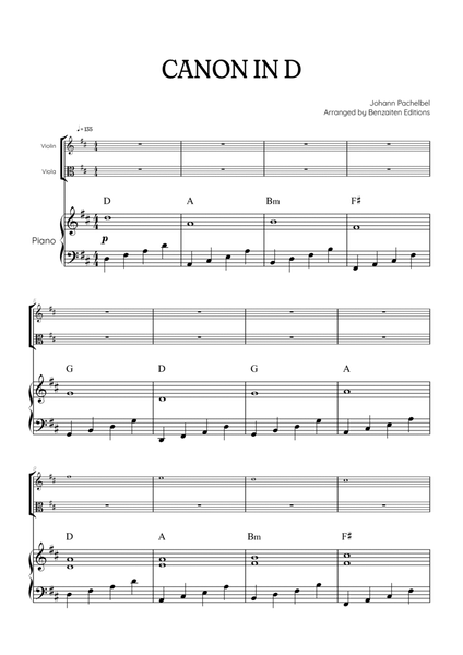 Pachelbel Canon in D • violin & viola duet sheet music w/ piano accompaniment [chords] image number null