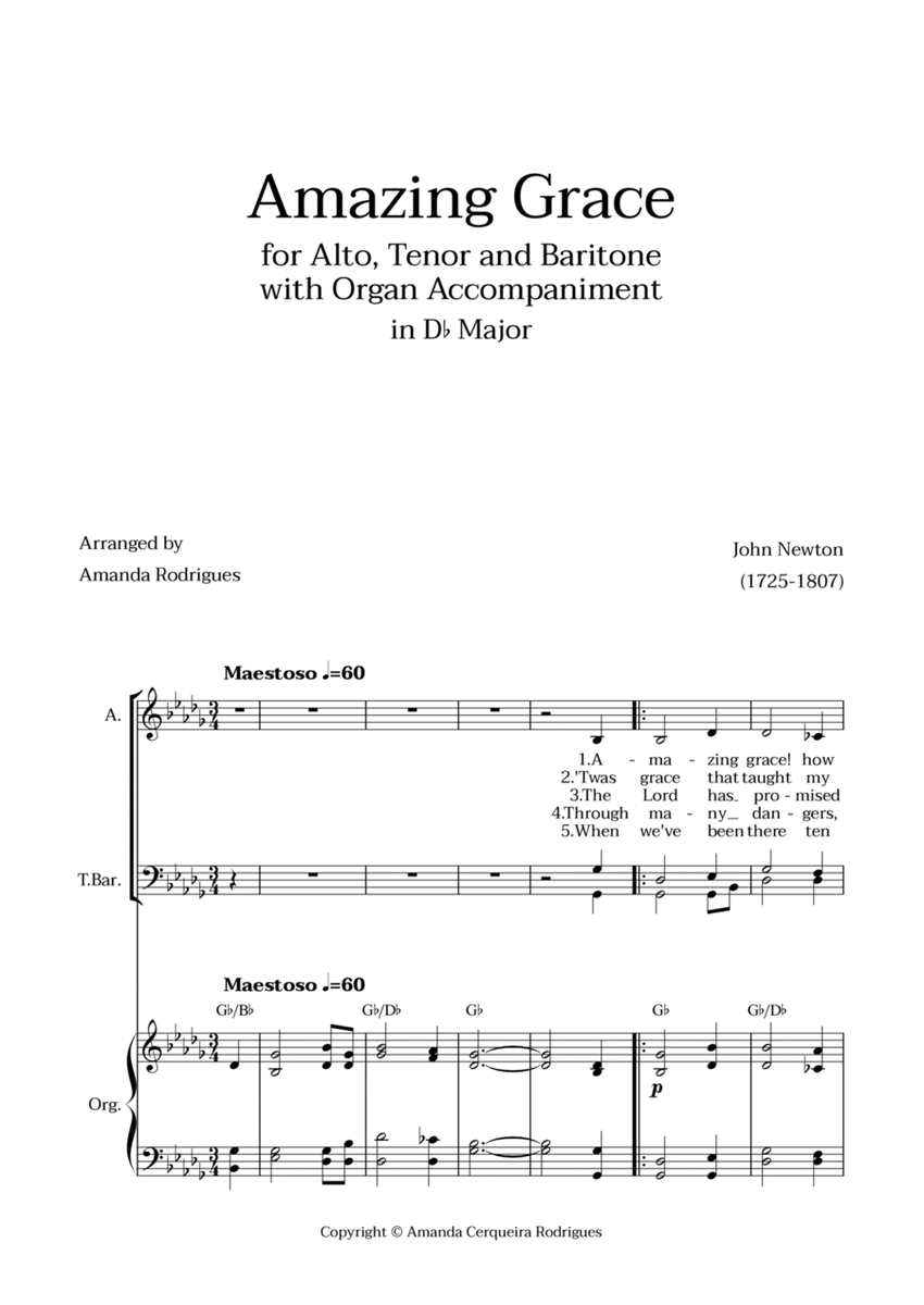 Amazing Grace in Db Major - Alto, Tenor and Baritone with Organ Accompaniment and Chords image number null
