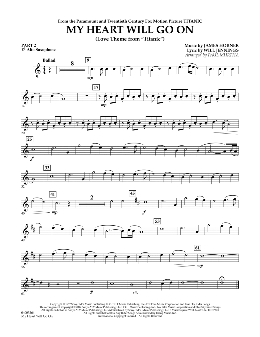 My Heart Will Go On (Love Theme from Titanic) - Pt.2 - Eb Alto Saxophone