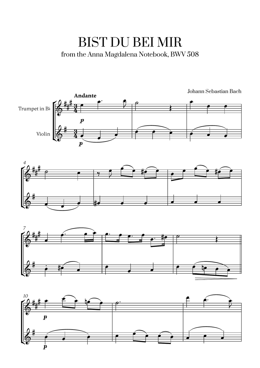 Johann Sebastian Bach - Bist du bei Mir (BWV 508) (G major) (for Trumpet and Violin)