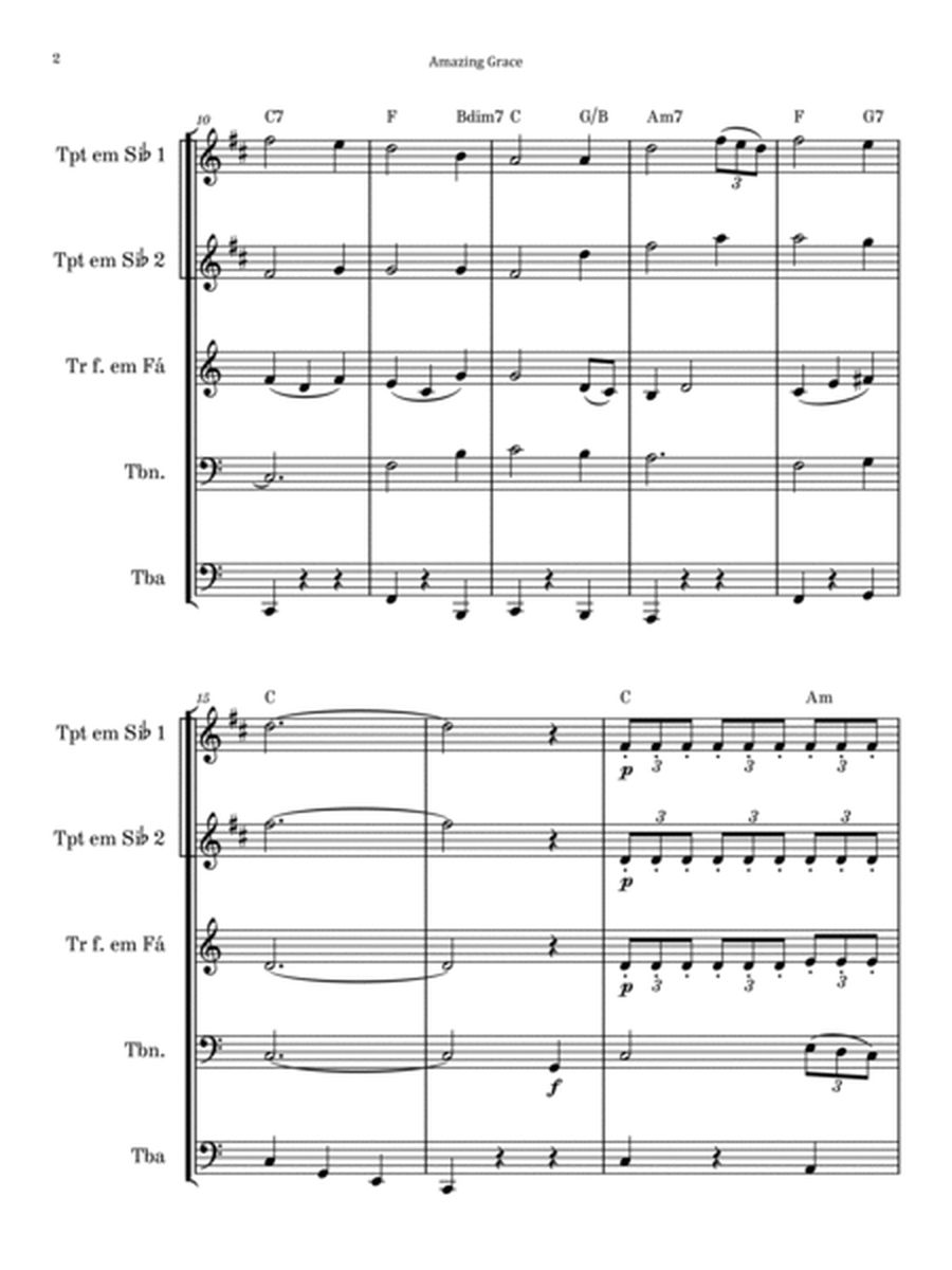 Amazing Grace - Brass Quintet with Chord Notation image number null
