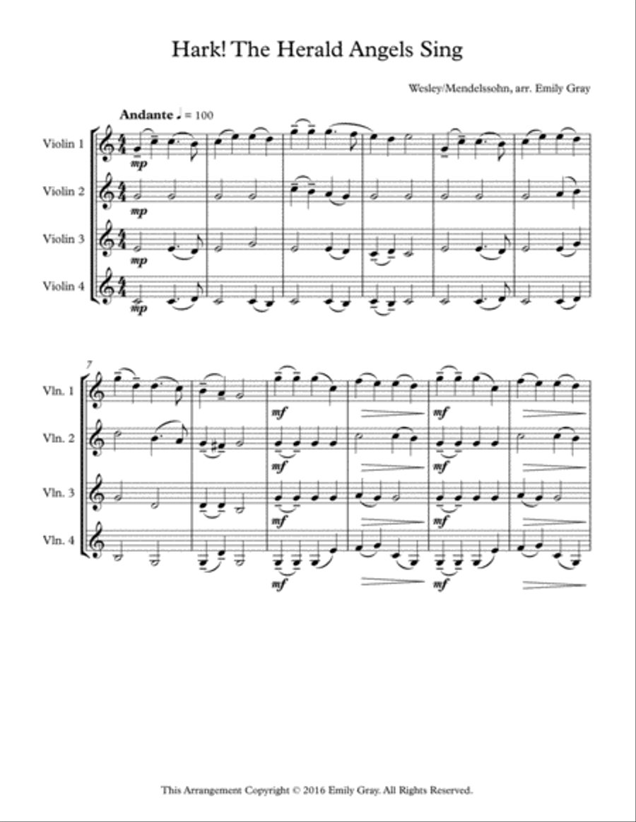 Hark! The Herald Angels Sing - 4 Violins Violin scores gallery preview page 1