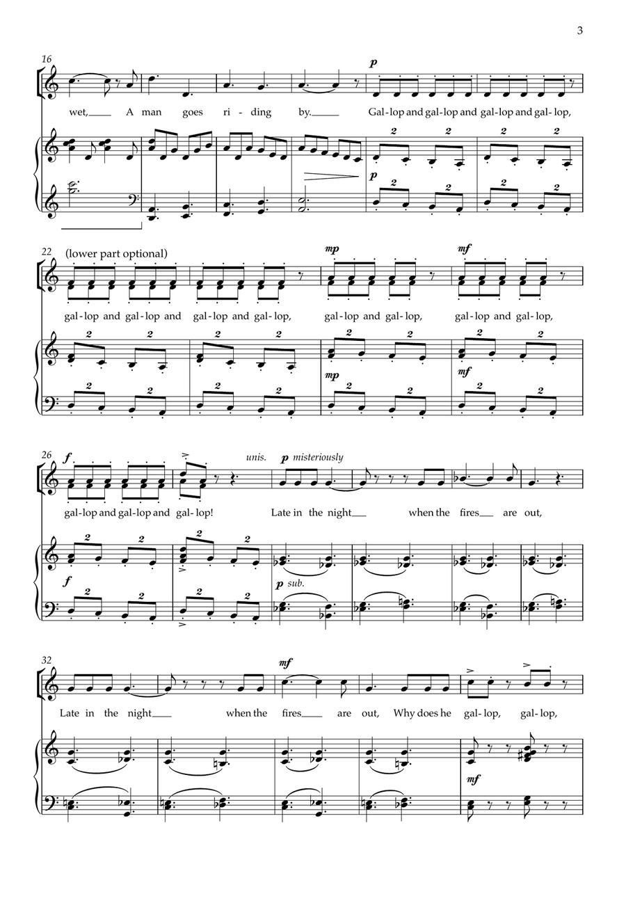 Why Does He Gallop? for unison voices (with optional second part) and piano Unison Choir scores gallery preview page 3