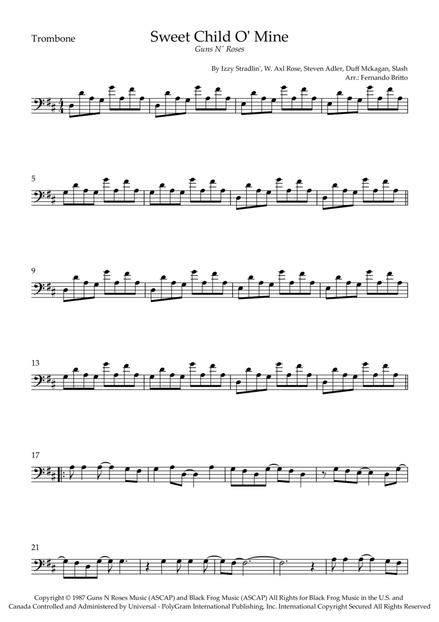 Sweet Child O' Mine Trombone Solo scores gallery preview page 1