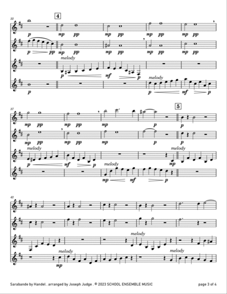 Sarabande by Handel for Clarinet Quartet in Schools Clarinet Quartet scores gallery preview page 3