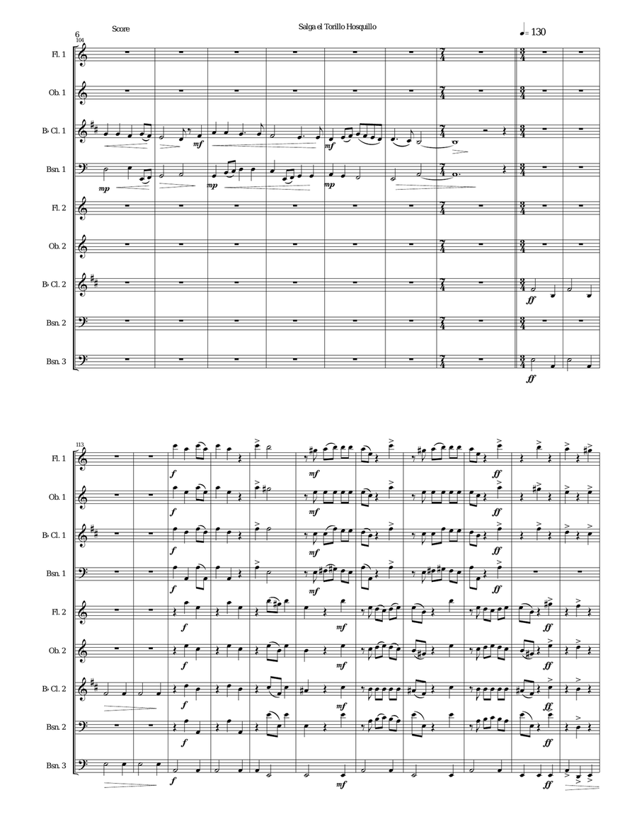 Salga el torillo hosquillo (Let the little wild bull out) arranged for wind nonet Woodwind Ensemble scores gallery preview page 6