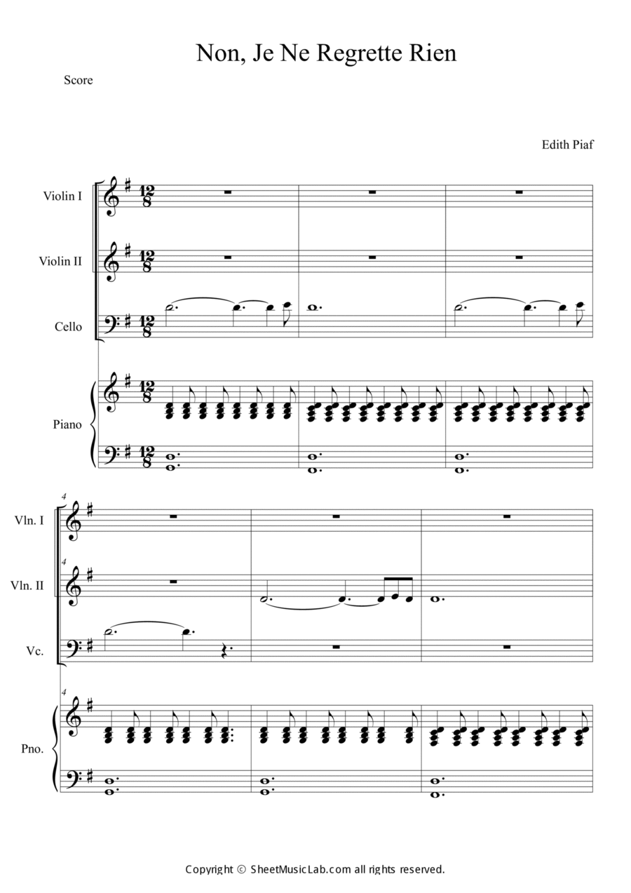 Non, Je Ne Regrette Rien Piano Quartet scores gallery preview page 1