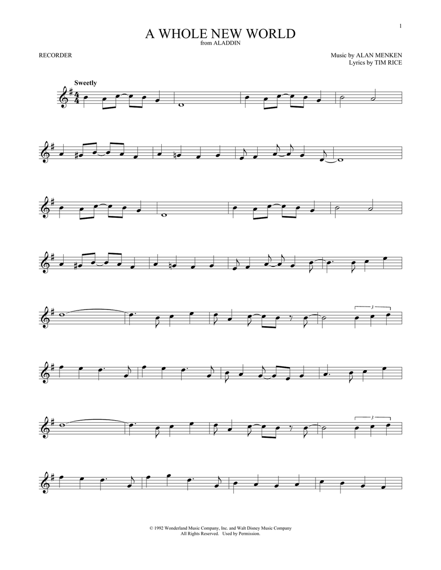 A Whole New World (from Aladdin) Recorder scores gallery preview page 1