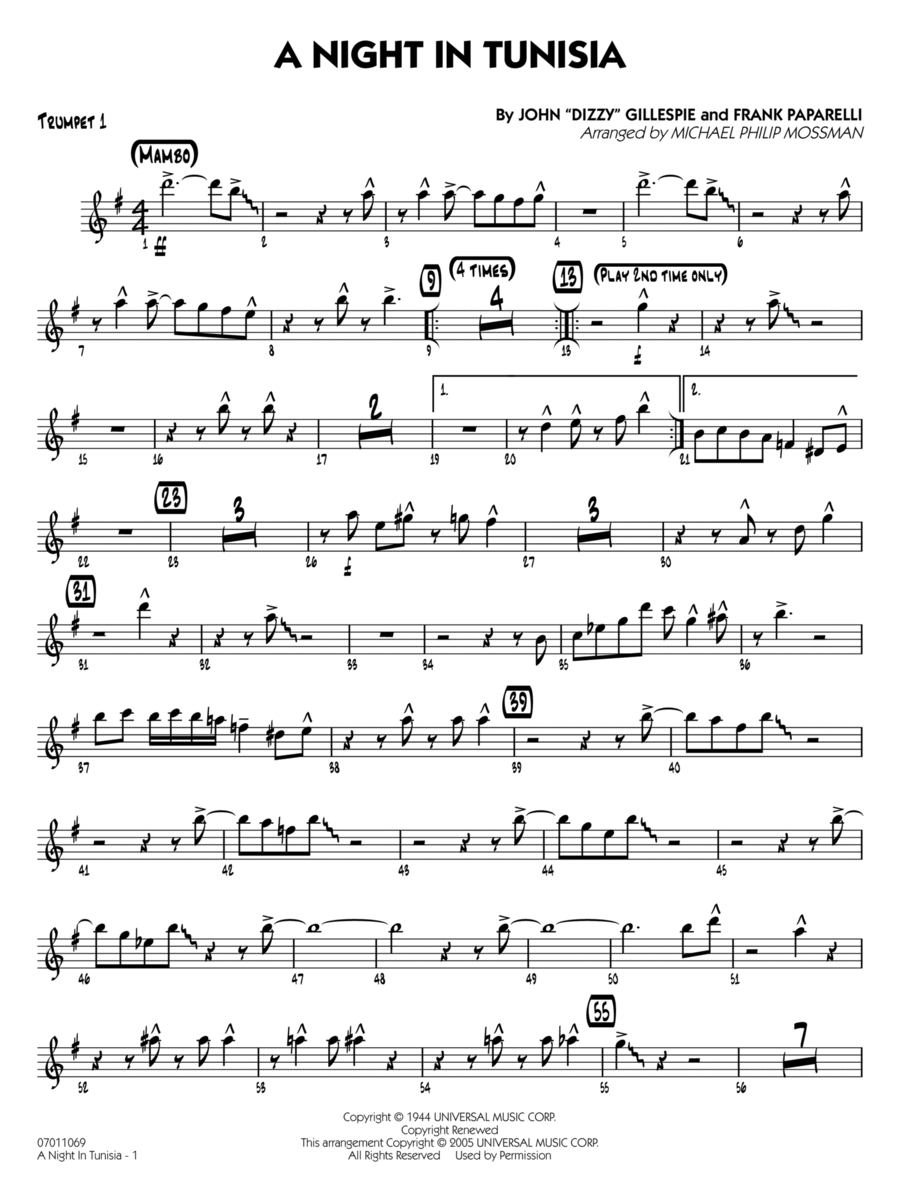 A Night in Tunisia (arr. Mossman) - Trumpet 1 Jazz Ensemble scores gallery preview page 1
