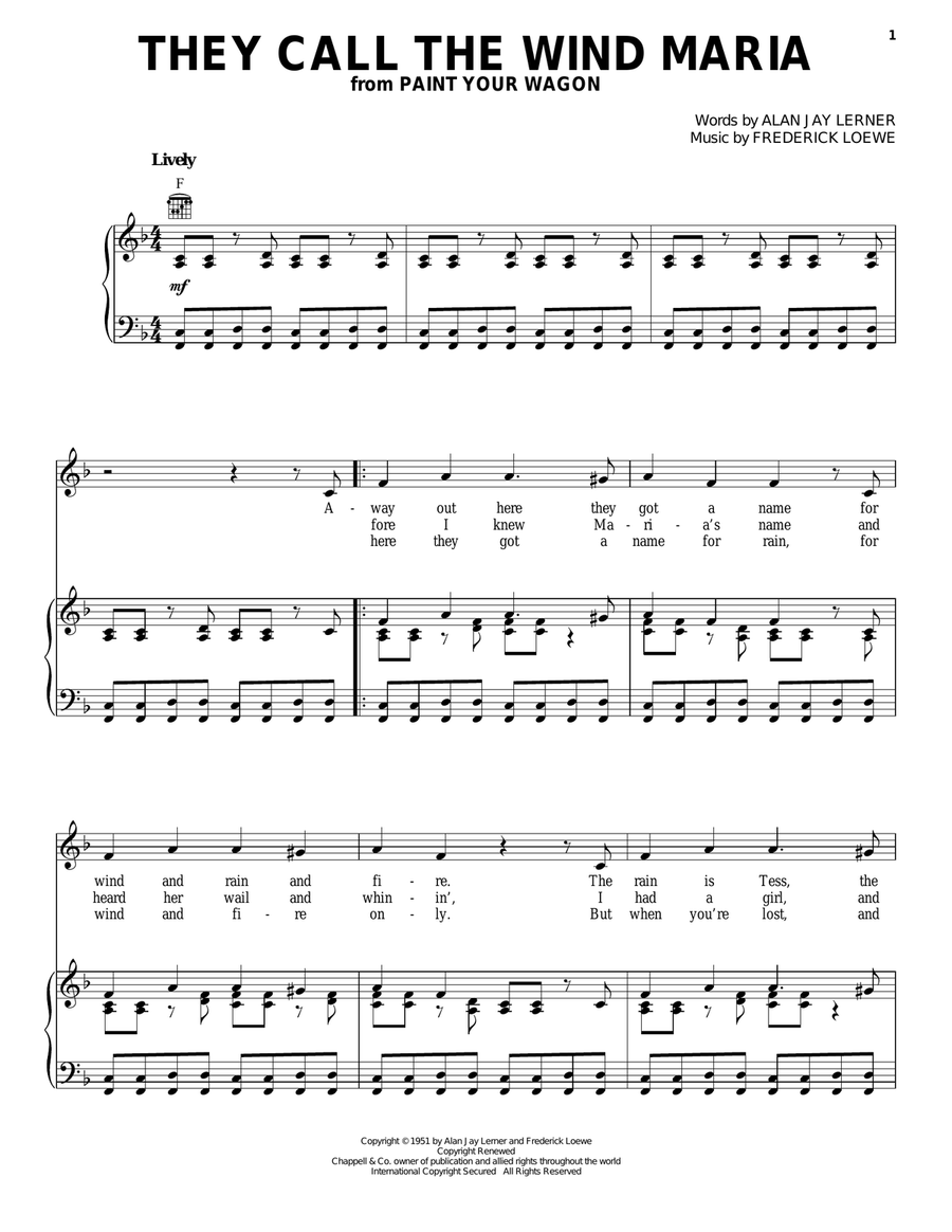 They Call The Wind Maria Piano, Vocal, Guitar scores gallery preview page 1