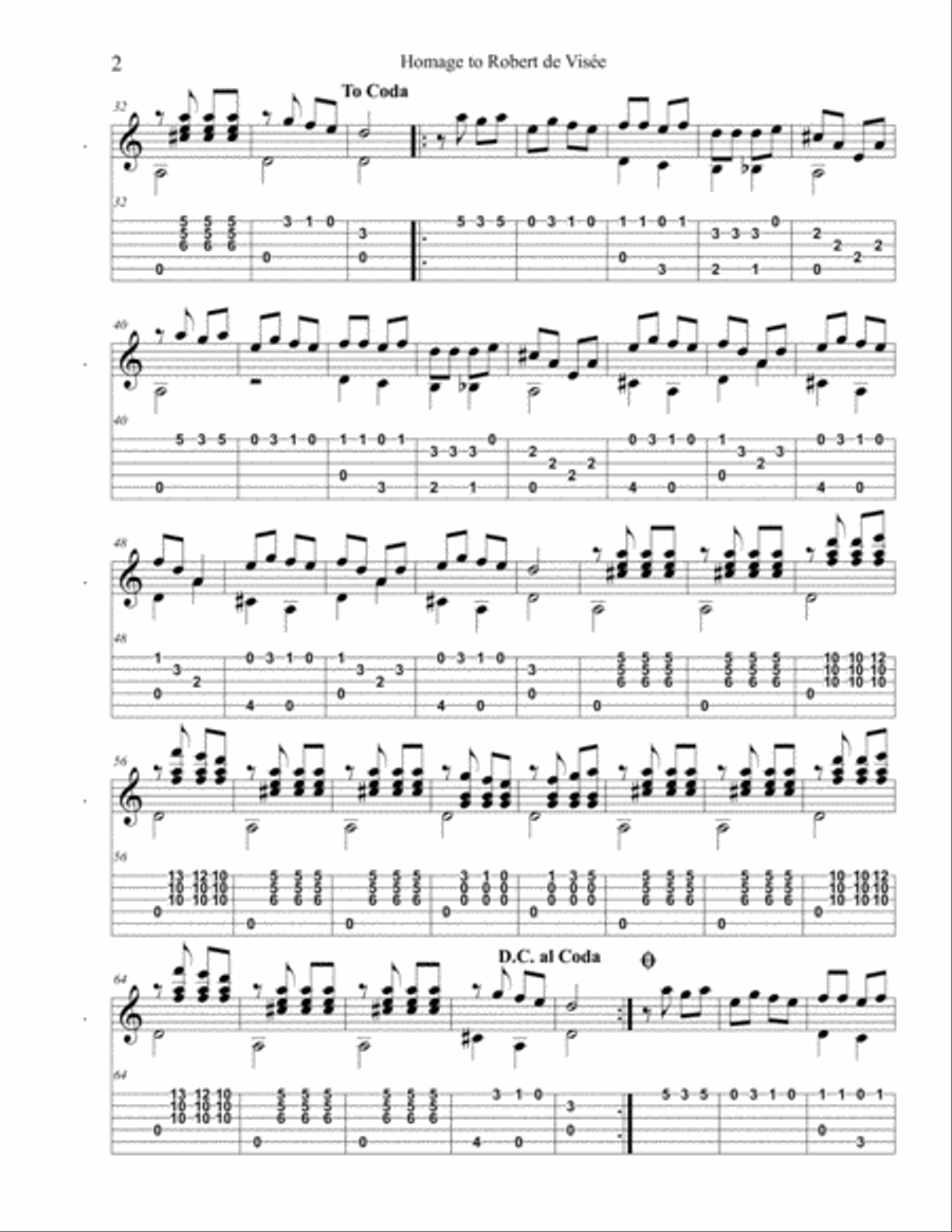 Homage to Robert de Visee Classical Guitar scores gallery preview page 2