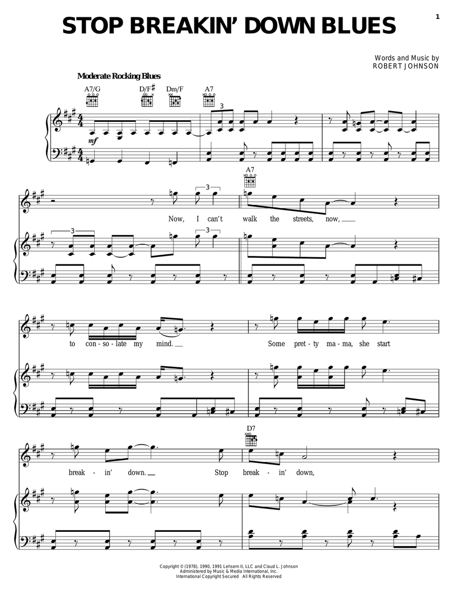 Stop Breakin' Down Blues Piano, Vocal, Guitar scores gallery preview page 1
