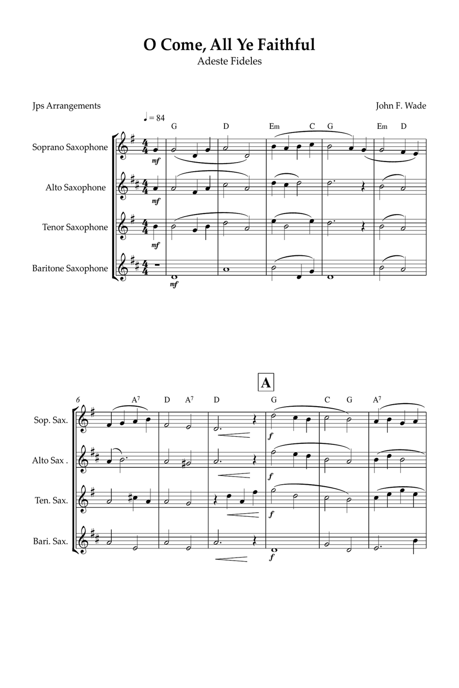 O Come, All Ye Faithful for Sax quartet Saxophone Quartet scores gallery preview page 1