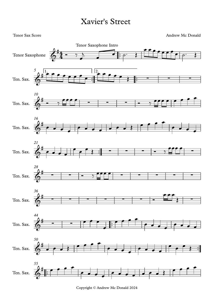 Xavier's Street Bb Tenor Saxophone Score Tenor Saxophone scores gallery preview page 1