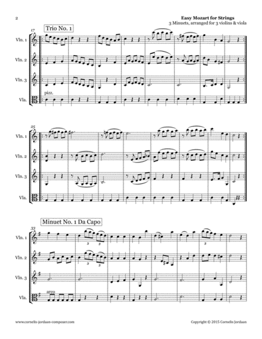 Easy Mozart for Strings - 3 Minuets, arranged for 3 violins & viola