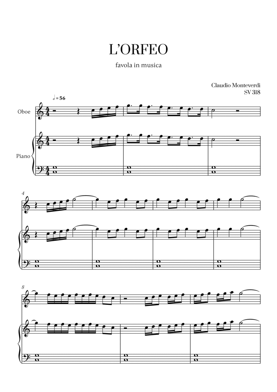 Monteverdi - l'Orfeo favola in musica SV 318 for Oboe and Piano Piano scores gallery preview page 1