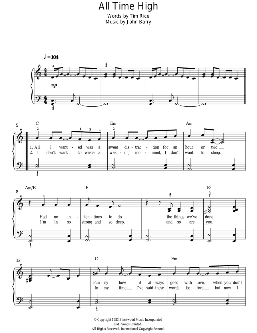 All Time High (from James Bond: Octopussy) Easy Piano scores gallery preview page 1