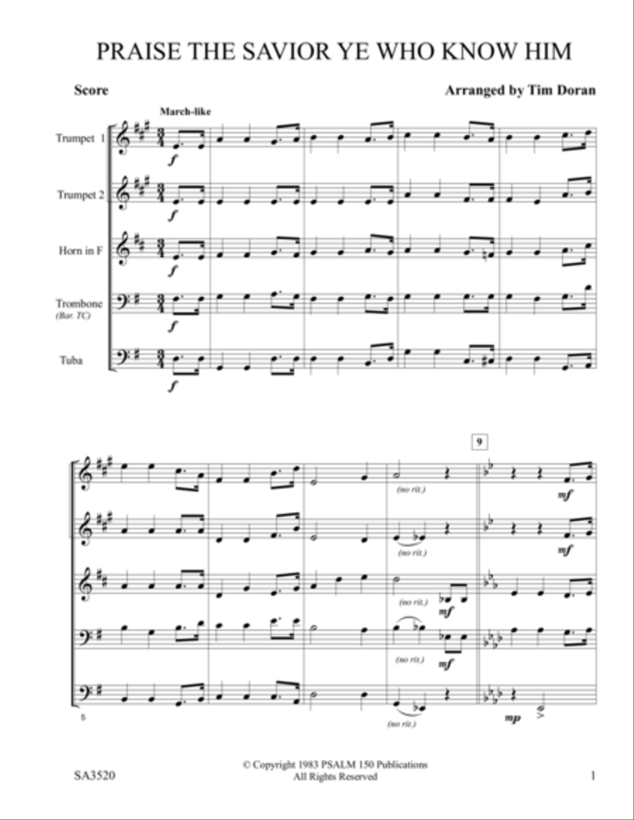 Praise The Savior, Ye Who Know Him Brass Quintet scores gallery preview page 1