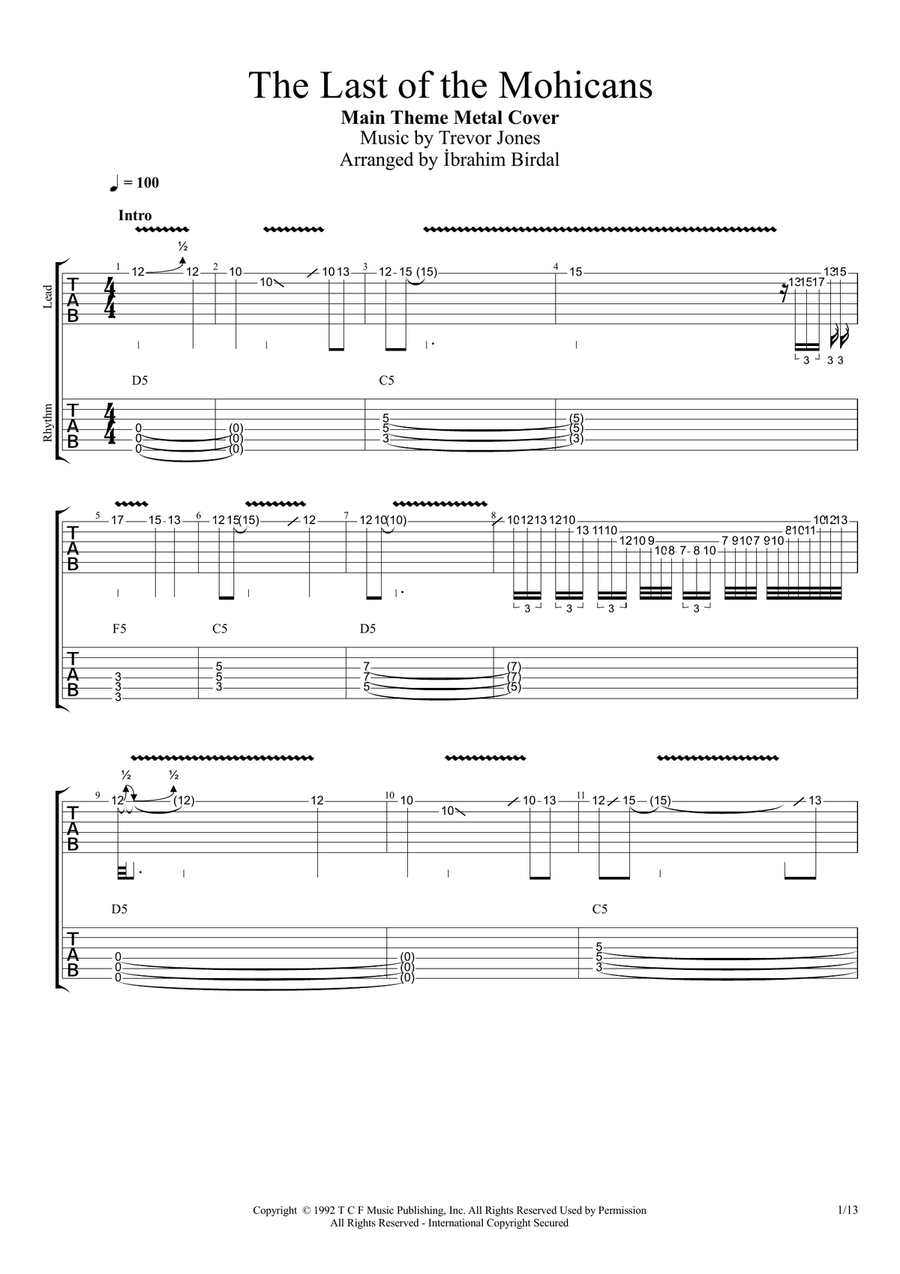 Last Of The Mohicans (main Theme) Guitar Tablature scores gallery preview page 1