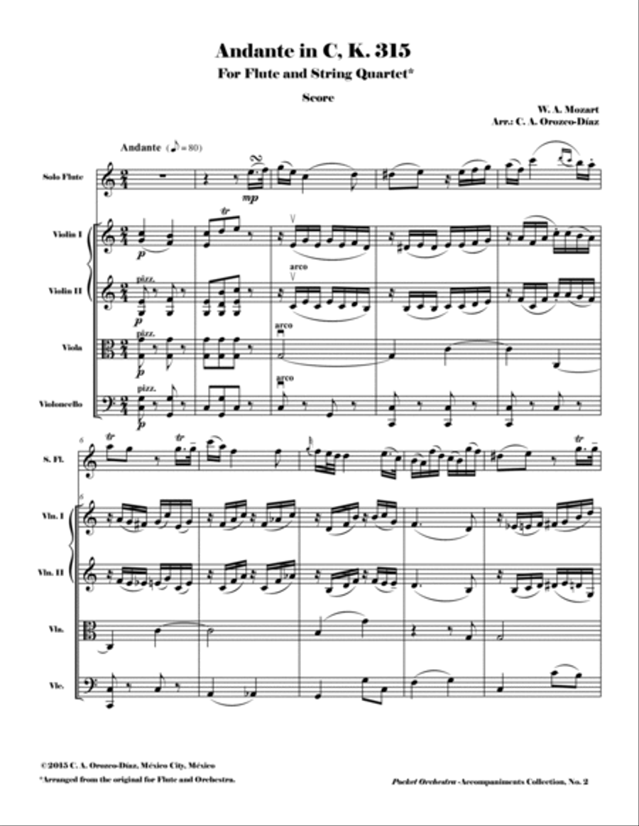 Mozart - Andante in C, K. 315 - For Flute and Orchestra (Accompaniment Reduction for String Quartet) Small Ensemble scores gallery preview page 2