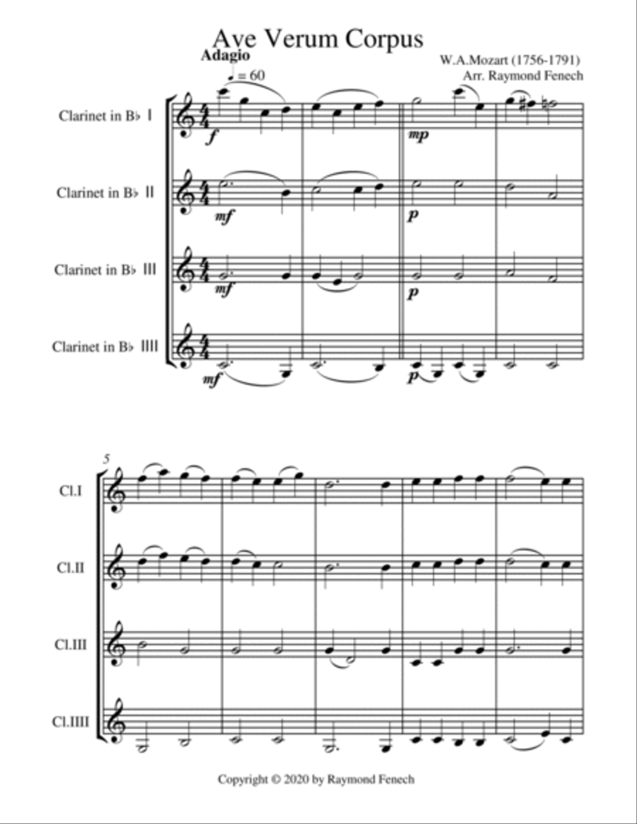Ave Verum Corpus - Mozart - 4 Bb Clarinets Quartet - Intermediate level Clarinet Quartet scores gallery preview page 5