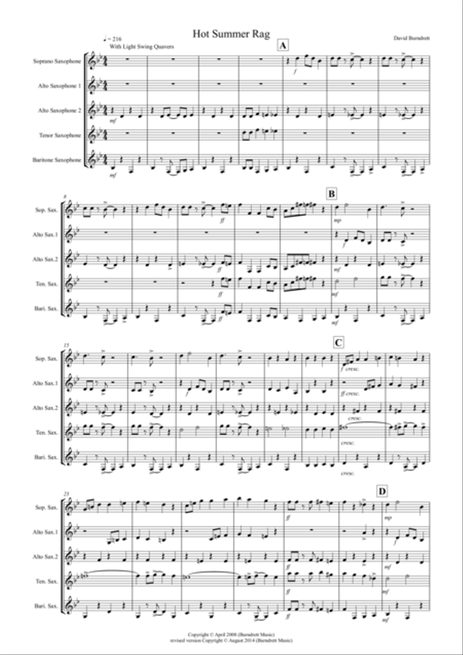Hot Summer Rag for Saxophone Quintet Saxophone Quintet scores gallery preview page 1
