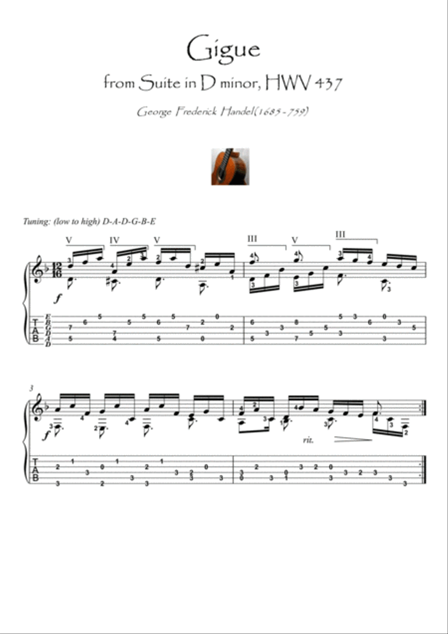 Gigue by Handel guitar fingerstyle Acoustic Guitar scores gallery preview page 1