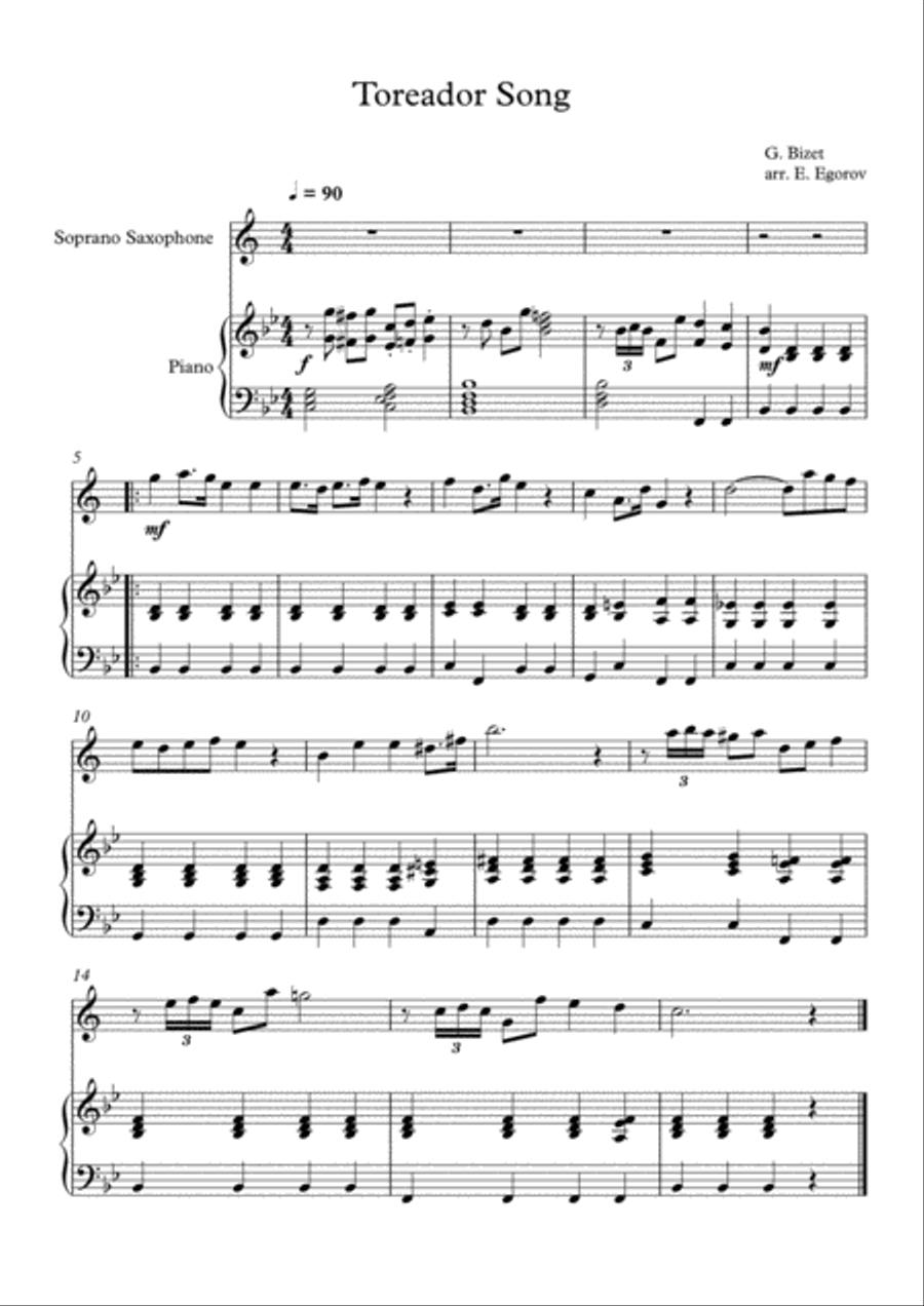 Toreador Song, Georges Bizet, For Soprano Saxophone & Piano image number null