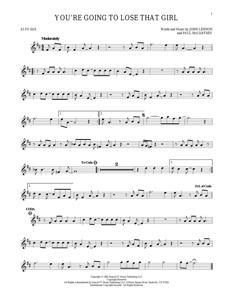 You're Going To Lose That Girl Alto Saxophone scores gallery preview page 1