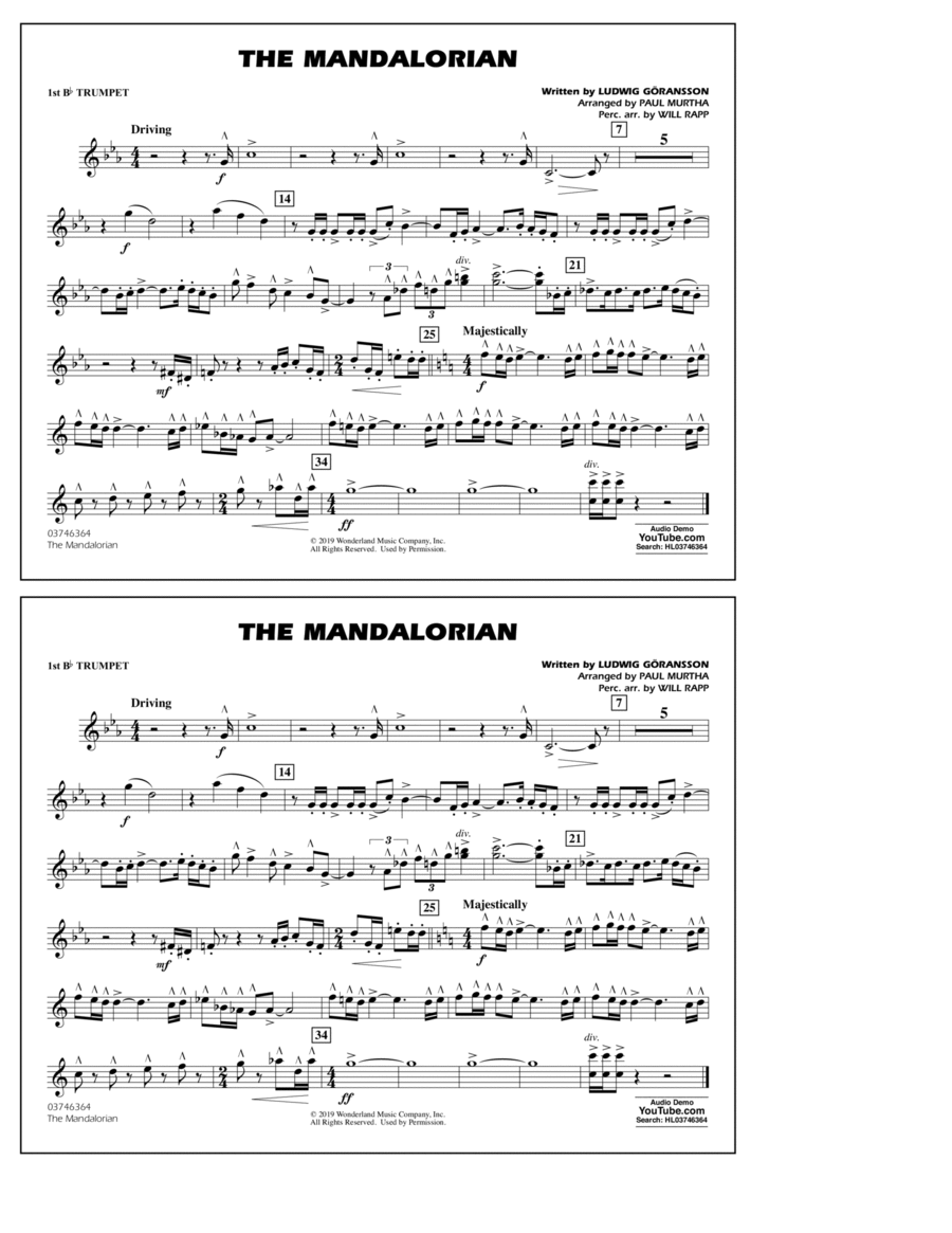 The Mandalorian (from Star Wars: The Mandalorian) (arr. Paul Murtha) - 1st Bb Trumpet Marching Band scores gallery preview page 1