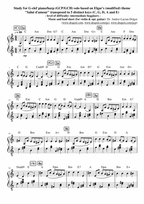 Study for G-clef piano/harp (GCP/GCH) solo based on Elgar's (modified) theme "Salut d'amour" transpo