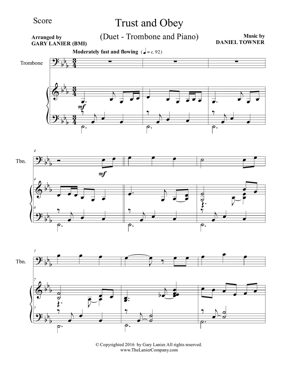 Gary Lanier: TRUST AND OBEY (Duet – Trombone & Piano with Parts) Trombone Duet scores gallery preview page 2