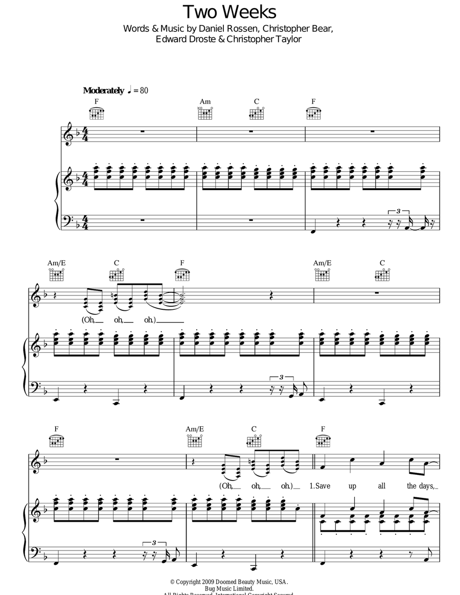 Two Weeks Piano, Vocal, Guitar scores gallery preview page 1