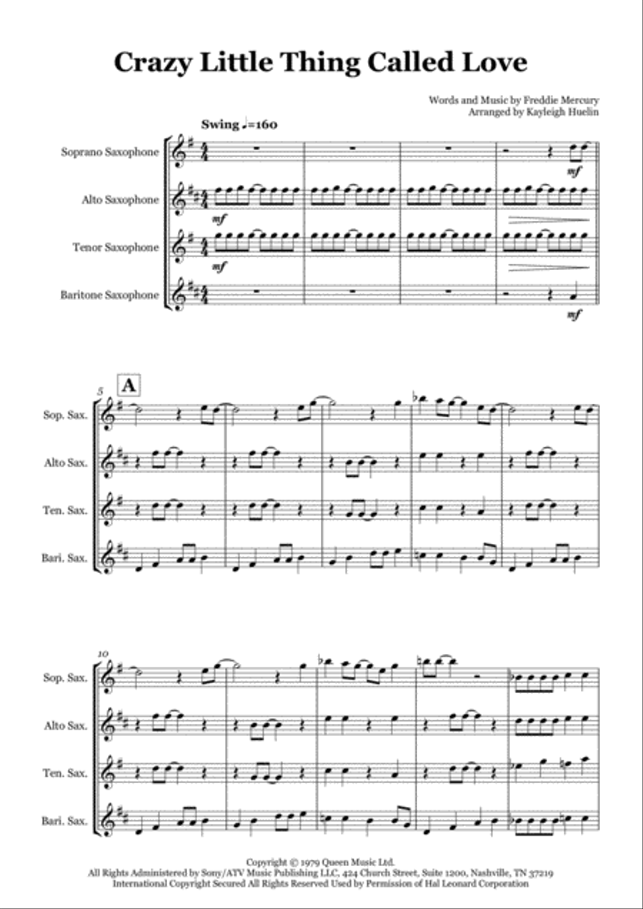 Crazy Little Thing Called Love Saxophone Quartet scores gallery preview page 1