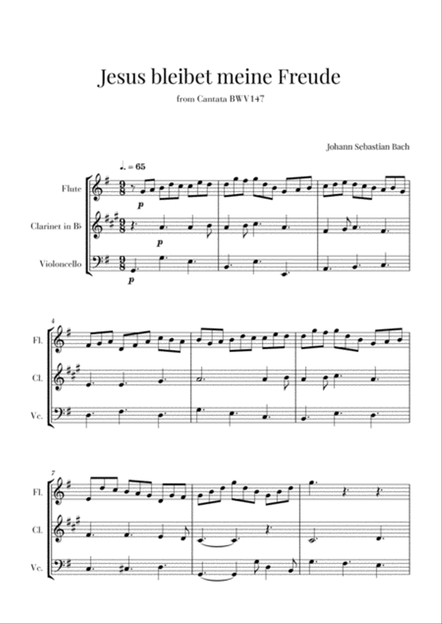 Bach - Jesus bleibet meine Freude for Flute, Clarinet and Cello Small Ensemble scores gallery preview page 1