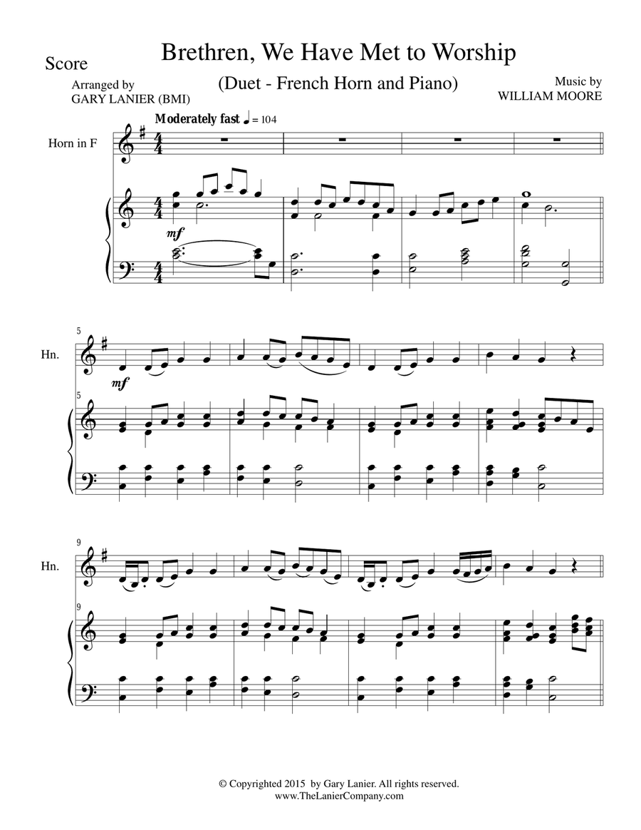 BRETHREN, WE HAVE MET TO WORSHIP (Duet – French Horn and Piano/Score and Parts) Brass Duet scores gallery preview page 1