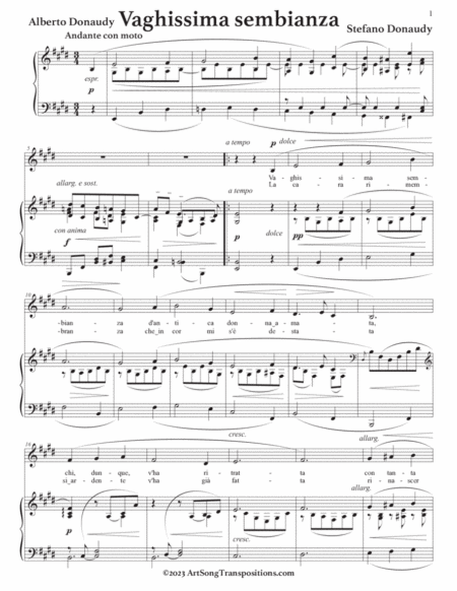 DONAUDY: Vaghissima sembianza (transposed to E major, E-flat major, and D major)