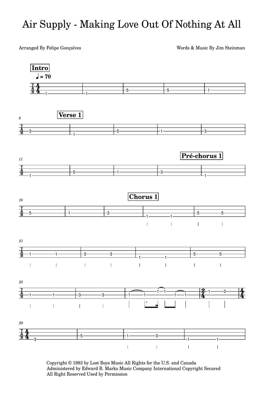 Making Love Out Of Nothing At All Bass Guitar Tablature scores gallery preview page 1