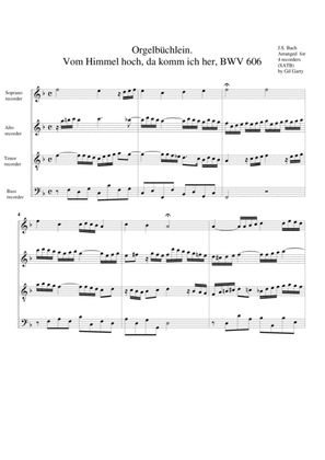 Book cover for Vom Himmel hoch, da komm ich her, BWV 606 from Orgelbuechlein (arrangement for 4 recorders)