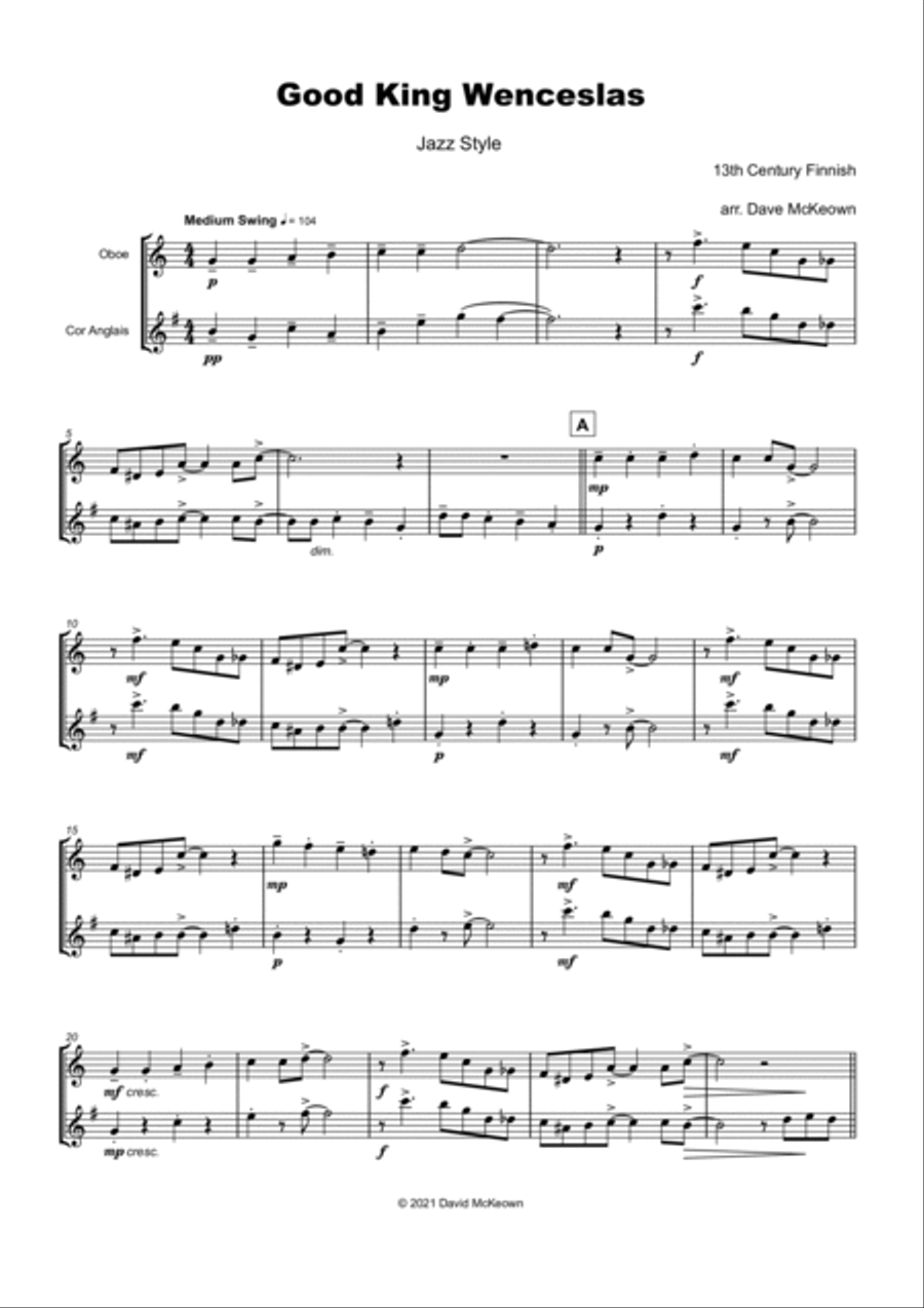 Good King Wenceslas, Jazz Style, for Oboe and Cor Anglais (or English Horn) Duet Woodwind Duet scores gallery preview page 2