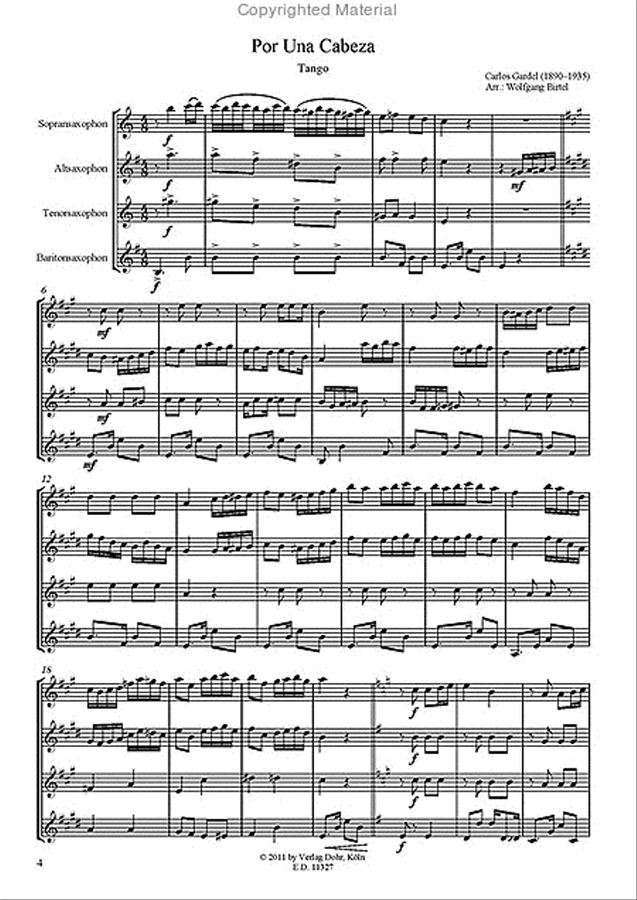 Por Una Cabeza -Tango- (für Saxophonquartett (SATBar)) Saxophone Quartet scores gallery preview page 2