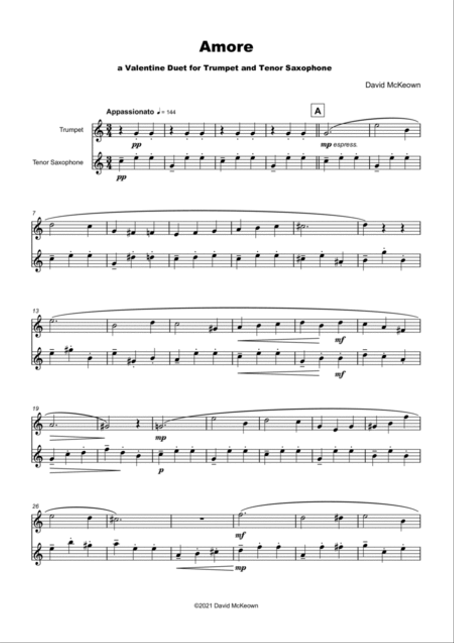 Amore, (Italian for Love), Trumpet and Tenor Saxophone Duet Saxophone Duet scores gallery preview page 2