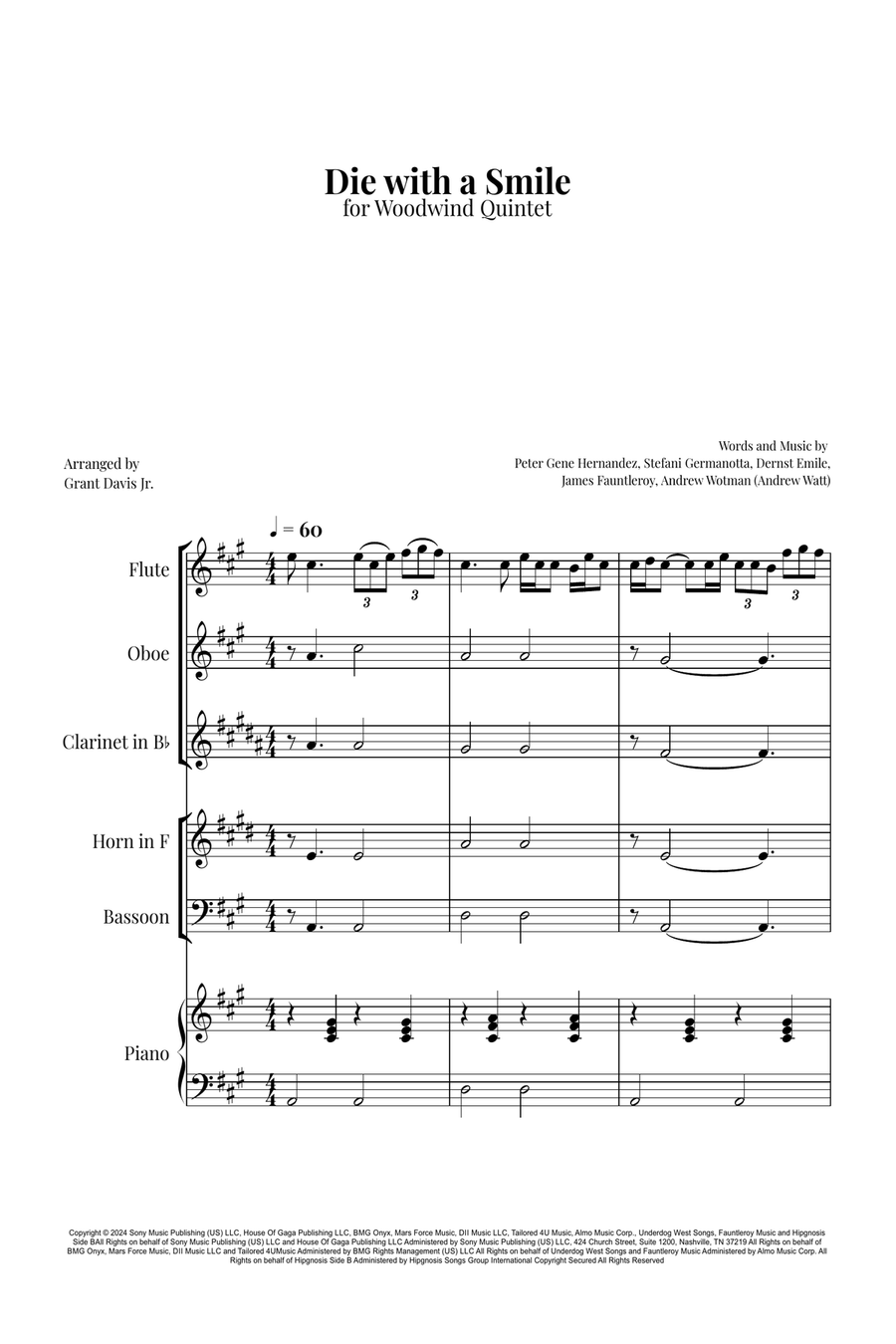 Die With A Smile Woodwind Quintet scores gallery preview page 1