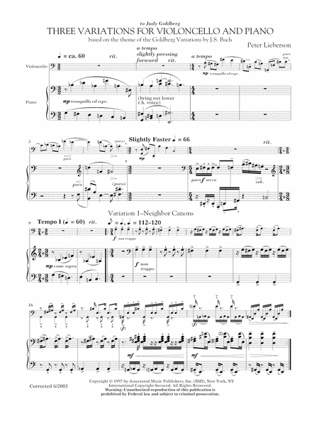 Three Variations For Violoncello And Piano